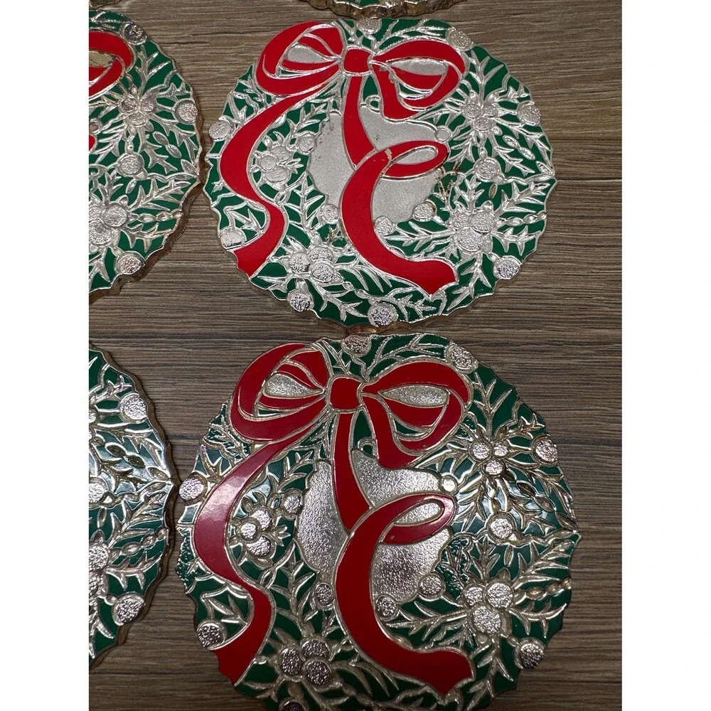 VTG Japan Silver Metal Green Enamel Wreath Red Bow Christmas Coasters Set of 6